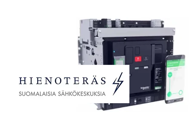 Kuva sähkökomponentista, jonka päällä on Hienoteräksen logo