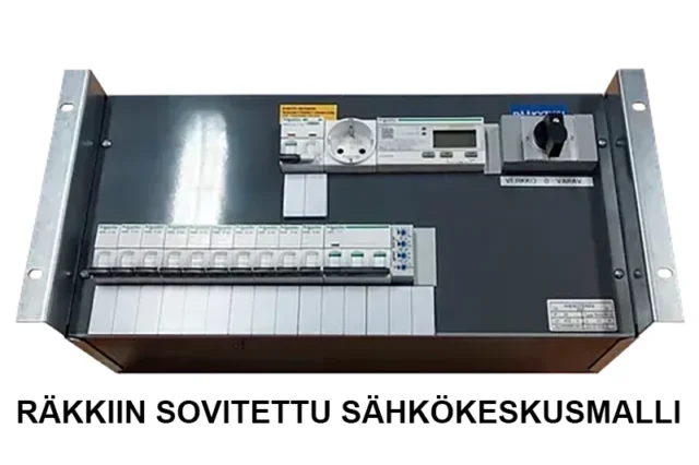 Esimerkkikuva räkkiin sovitetusta sähkökeskuksesta.