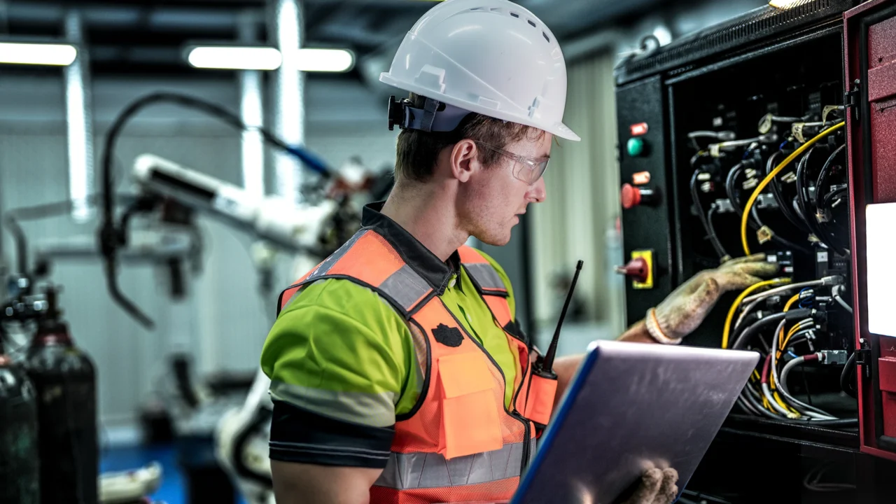 Automation engineer inspecting cabinet